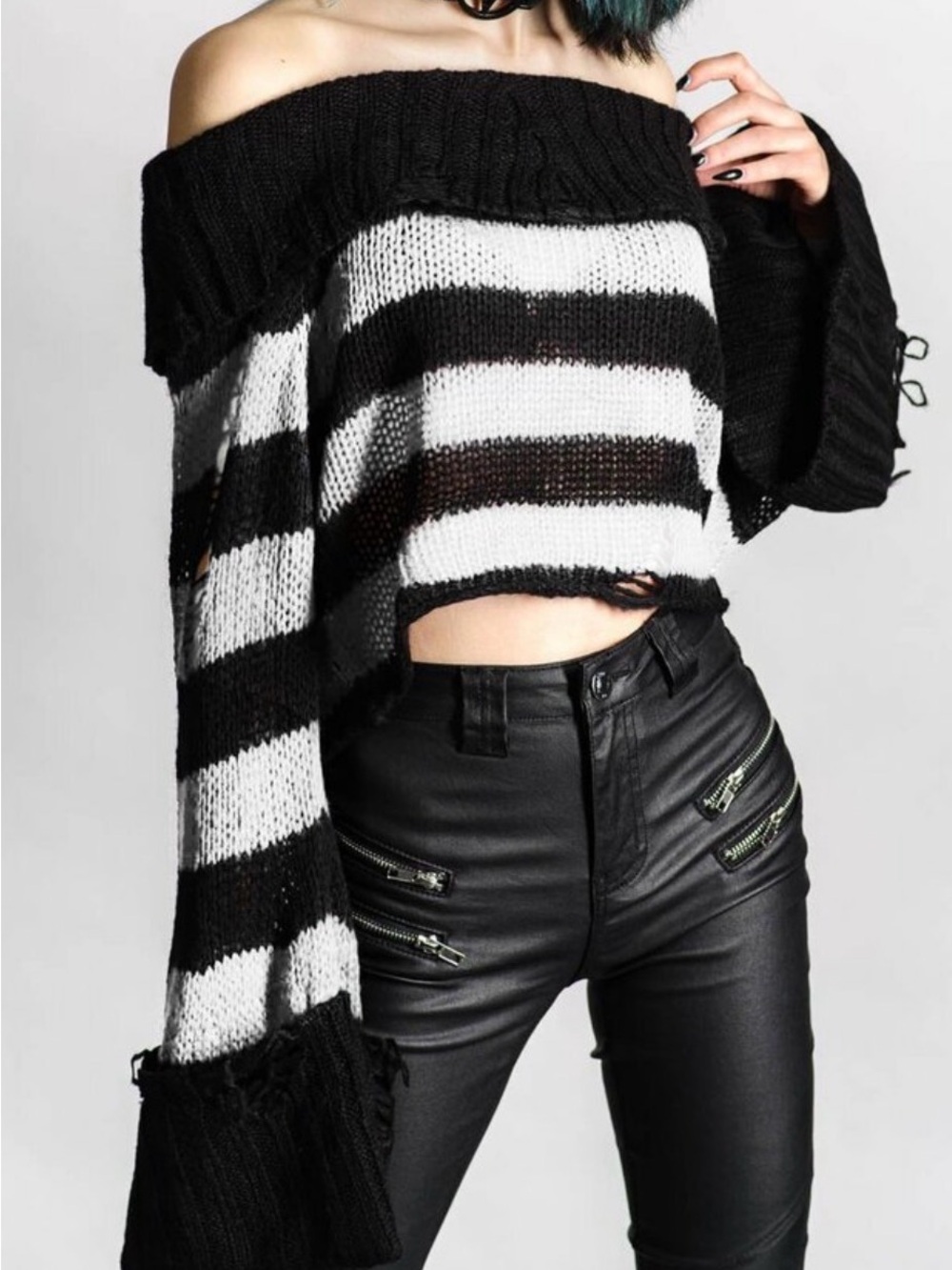Killstar Ghost Lemonade Knit Sweater XXL Black White Distressed Striped Crop